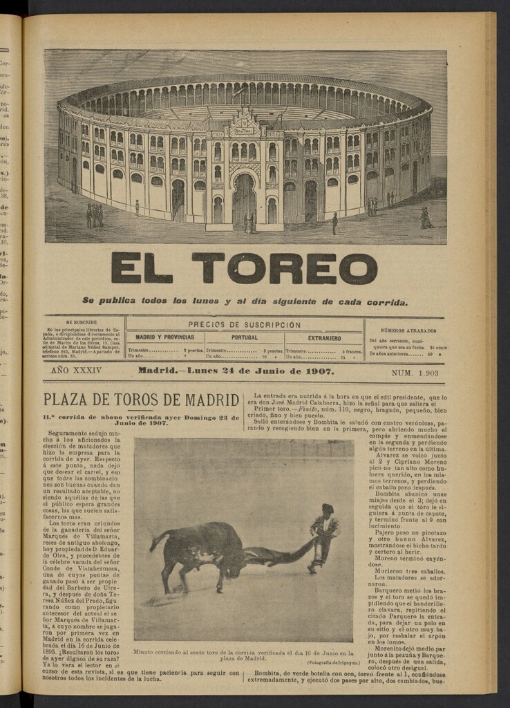 Miniatura de El Toreo: suplemento a "La Correspondencia Teatral" del 24 de junio de 1907, nº 1903