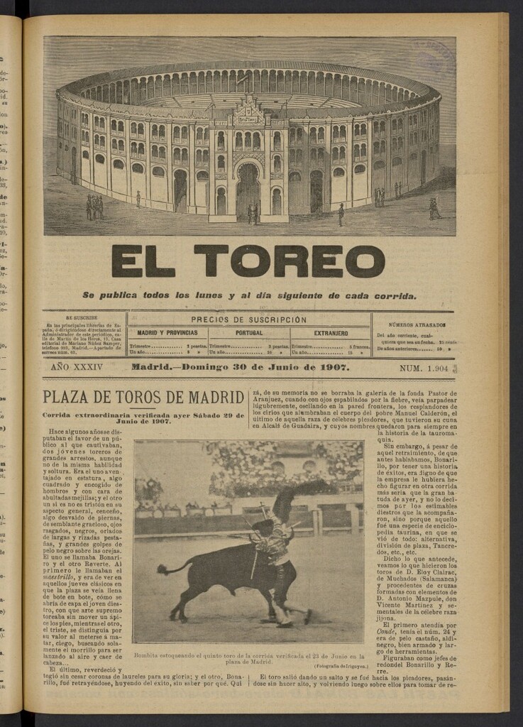 Miniatura de El Toreo: suplemento a "La Correspondencia Teatral" del 30 de junio de 1907, nº 1904