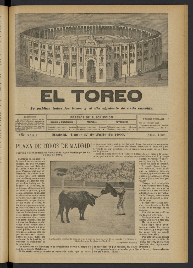 Miniatura de El Toreo: suplemento a "La Correspondencia Teatral" del 1 de julio de 1907, nº 1905