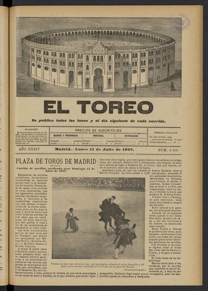 Miniatura de El Toreo: suplemento a "La Correspondencia Teatral" del 15 de julio de 1907, nº 1909