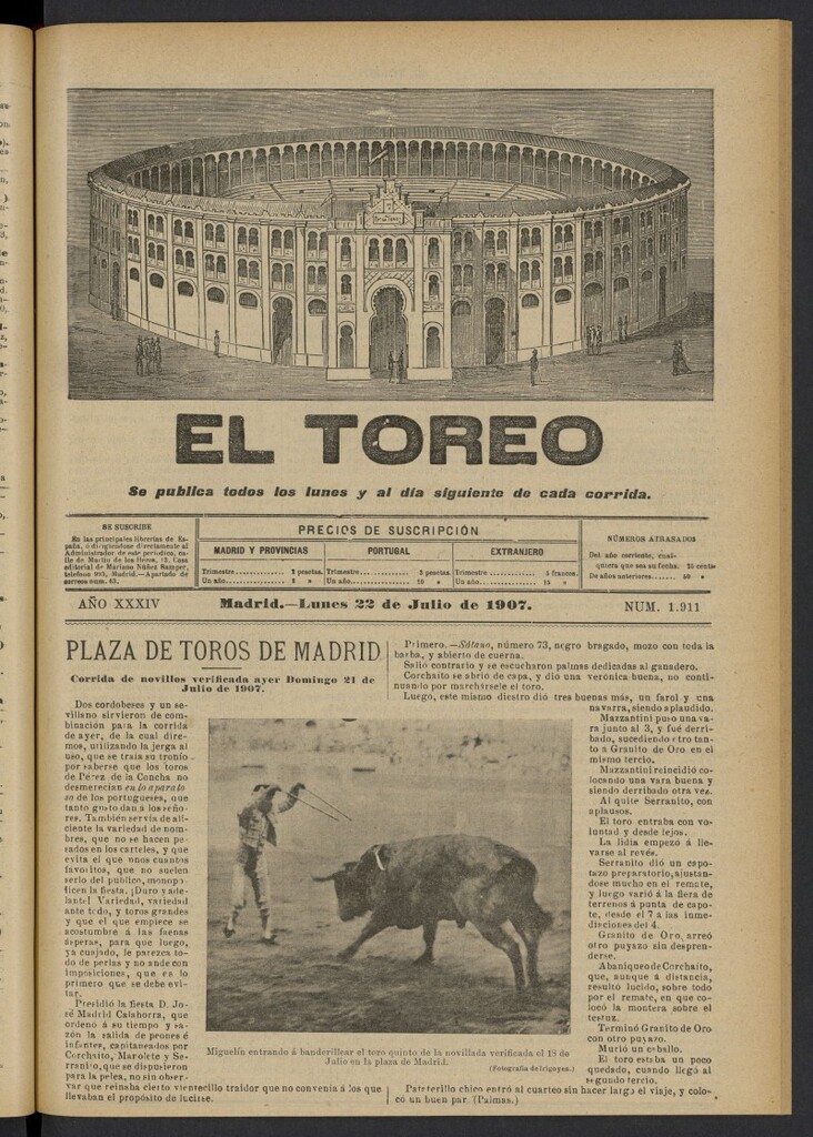 Miniatura de El Toreo: suplemento a "La Correspondencia Teatral" del 22 de julio de 1907, nº 1911