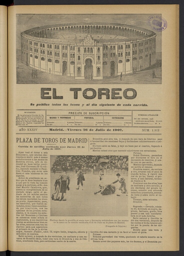 Miniatura de El Toreo: suplemento a "La Correspondencia Teatral" del 26 de julio de 1907, nº 1912