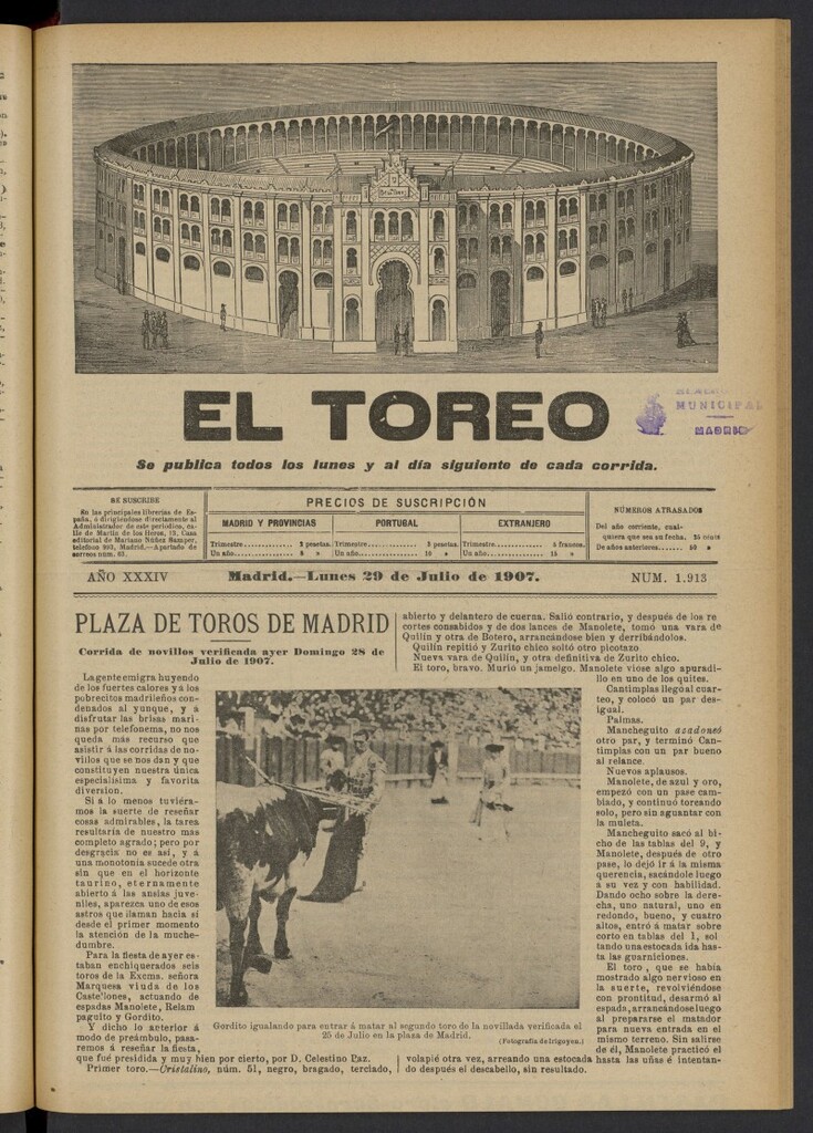 Miniatura de El Toreo: suplemento a "La Correspondencia Teatral" del 29 de julio de 1907, nº 1913