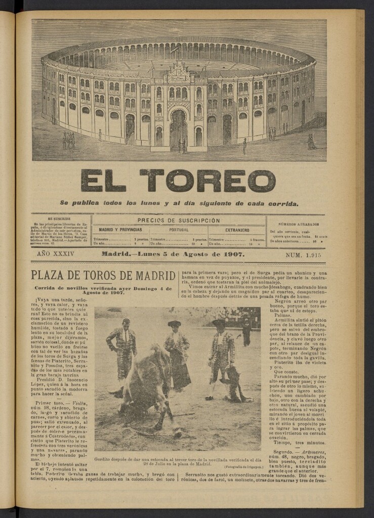 Miniatura de El Toreo: suplemento a "La Correspondencia Teatral" del 5 de agosto de 1907, nº 1915