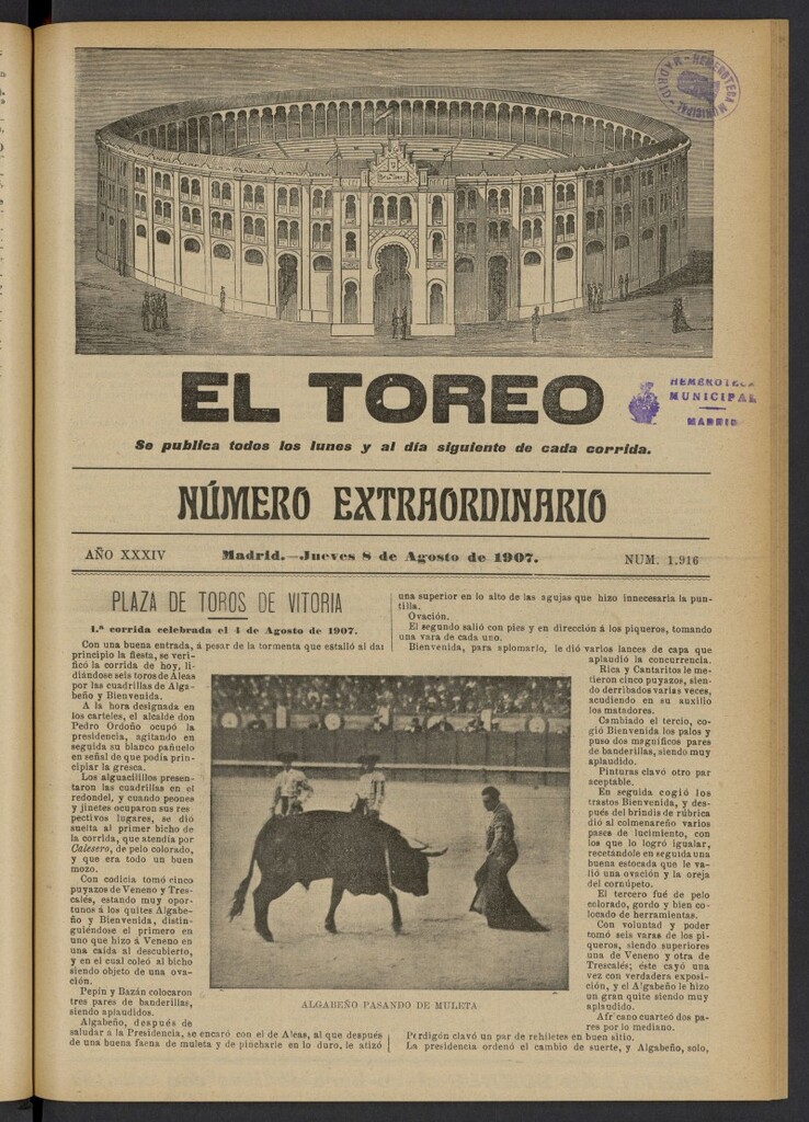 Miniatura de El Toreo: suplemento a "La Correspondencia Teatral" del 8 de agosto de 1907, nº 1916