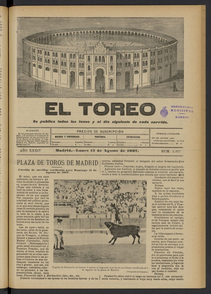 Miniatura de El Toreo: suplemento a "La Correspondencia Teatral" del 12 de agosto de 1907, nº 1917