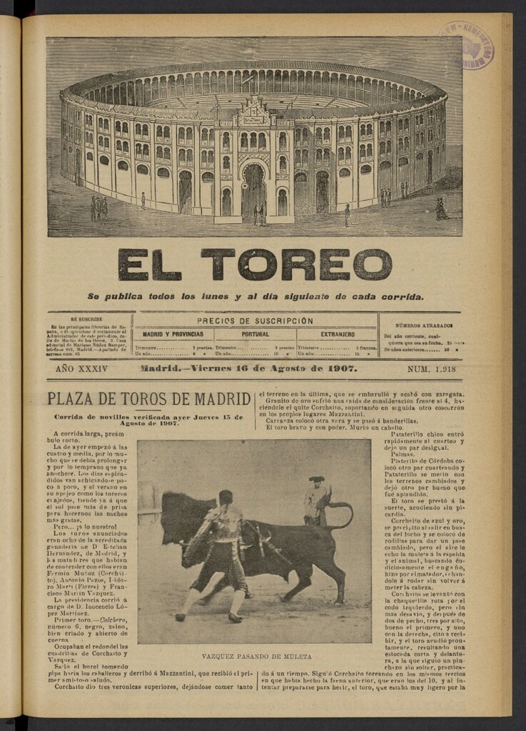 Miniatura de El Toreo: suplemento a "La Correspondencia Teatral" del 16 de agosto de 1907, nº 1918