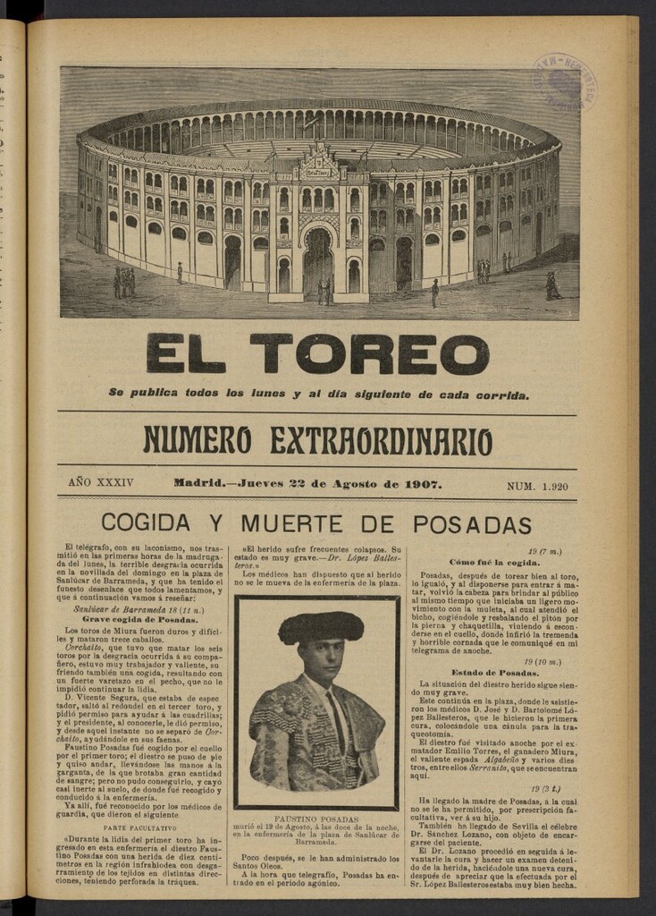 Miniatura de El Toreo: suplemento a "La Correspondencia Teatral" del 22 de agosto de 1907, nº 1920