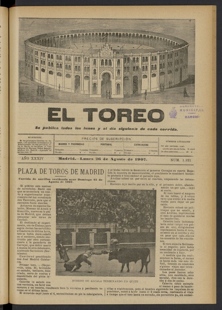 Miniatura de El Toreo: suplemento a "La Correspondencia Teatral" del 26 de agosto de 1907, nº 1921