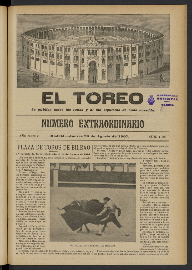 Miniatura de El Toreo: suplemento a "La Correspondencia Teatral" del 29 de agosto de 1907, nº 1922