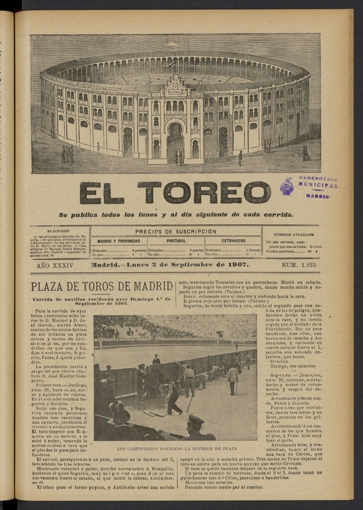 Miniatura de El Toreo: suplemento a "La Correspondencia Teatral" del 2 de septiembre de 1907, nº 1923
