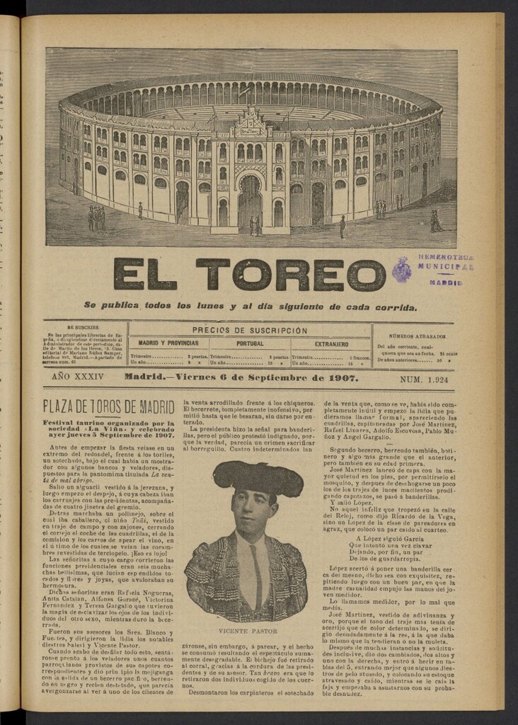 Miniatura de El Toreo: suplemento a "La Correspondencia Teatral" del 6 de septiembre de 1907, nº 1924