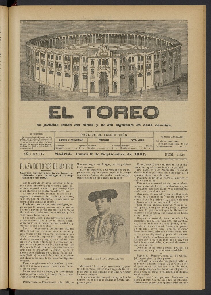 Miniatura de El Toreo: suplemento a "La Correspondencia Teatral" del 9 de septiembre de 1907, nº 1925