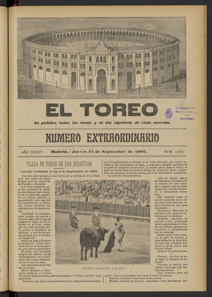 Miniatura de El Toreo: suplemento a "La Correspondencia Teatral" del 12 de septiembre de 1907, nº 1926