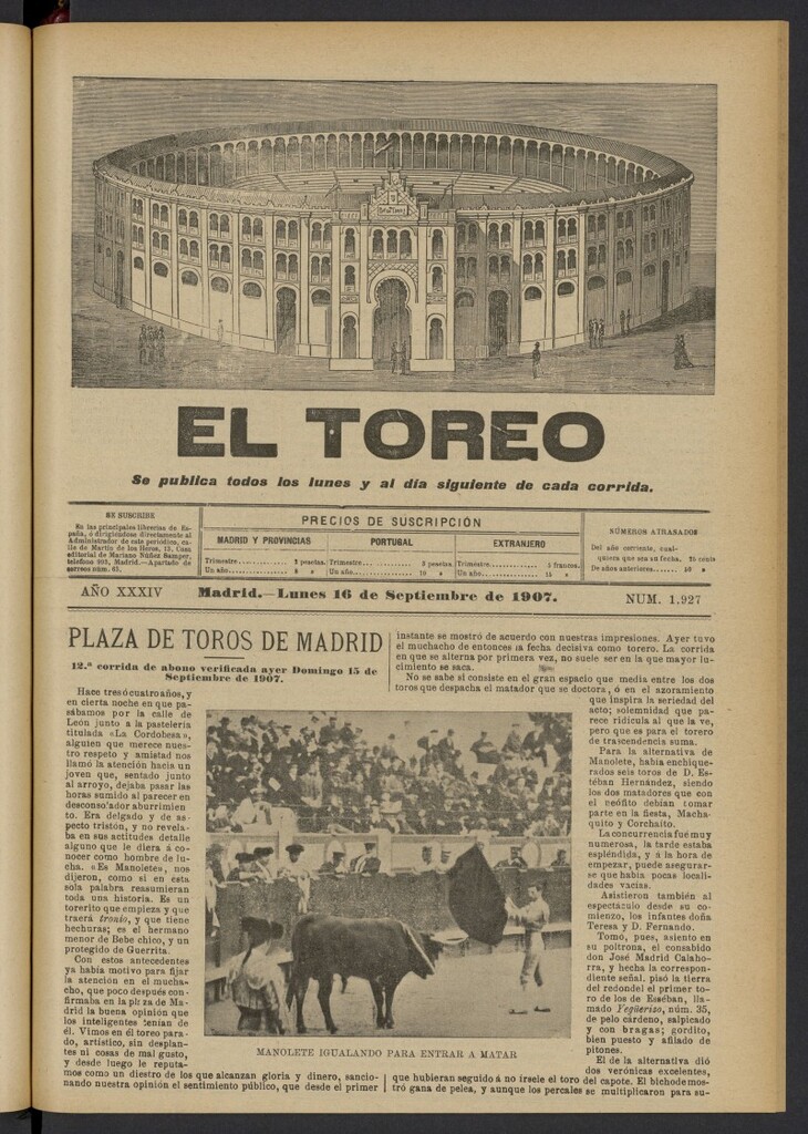 Miniatura de El Toreo: suplemento a "La Correspondencia Teatral" del 16 de septiembre de 1907, nº 1927