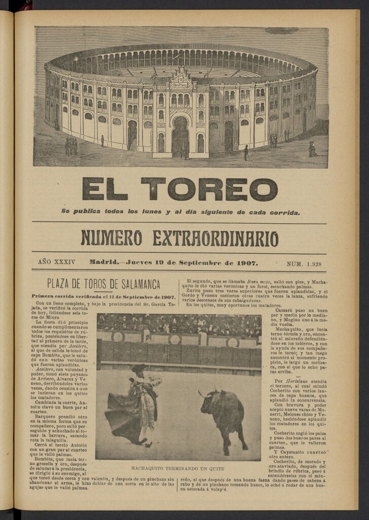 Miniatura de El Toreo: suplemento a "La Correspondencia Teatral" del 19 de septiembre de 1907, nº 1928
