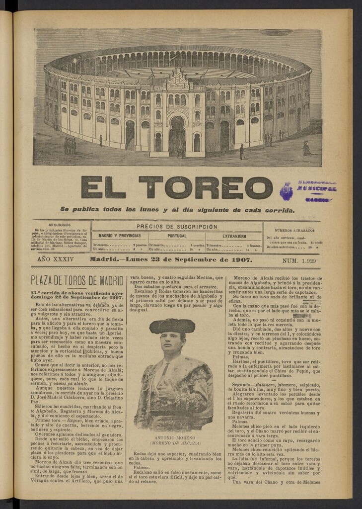 Miniatura de El Toreo: suplemento a "La Correspondencia Teatral" del 23 de septiembre de 1907, nº 1929