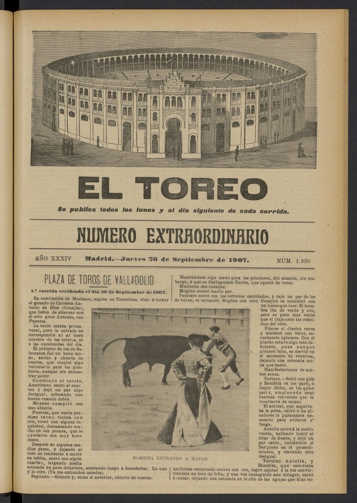 Miniatura de El Toreo: suplemento a "La Correspondencia Teatral" del 26 de septiembre de 1907, nº 1930