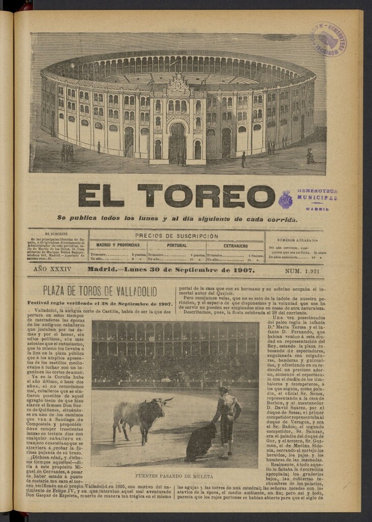 Miniatura de El Toreo: suplemento a "La Correspondencia Teatral" del 30 de septiembre de 1907, nº 1931