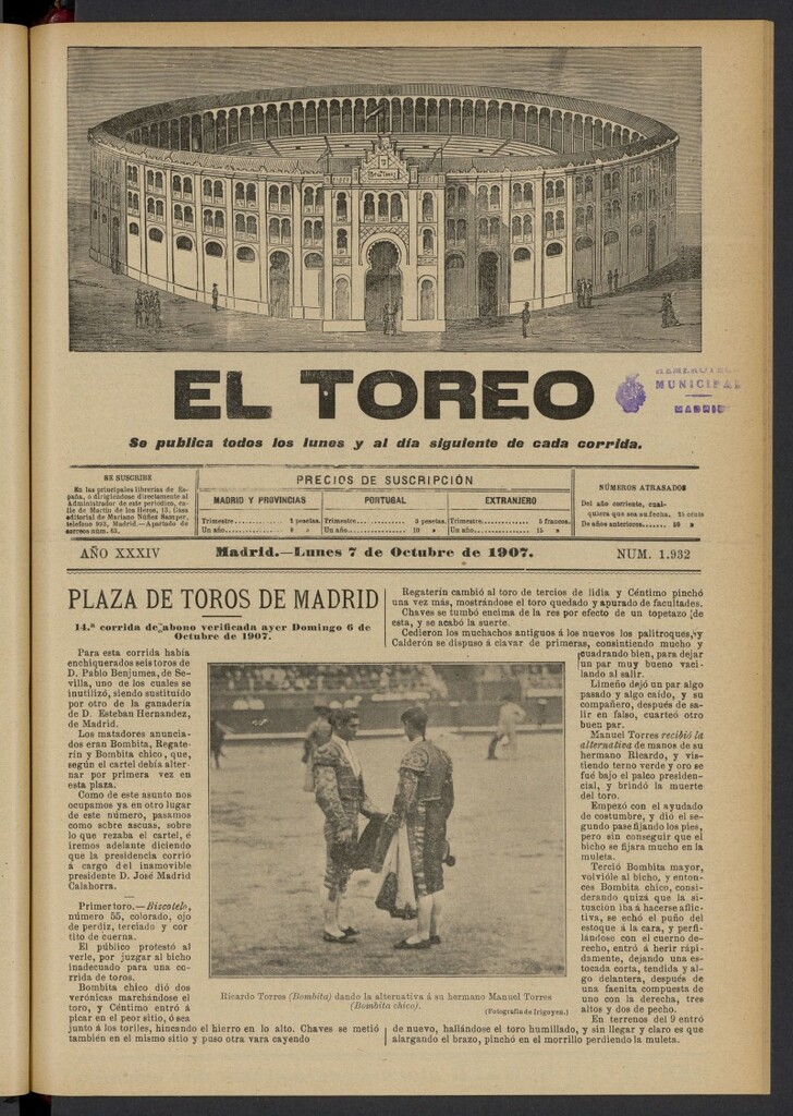 Miniatura de El Toreo: suplemento a "La Correspondencia Teatral" del 7 de octubre de 1907, nº 1932