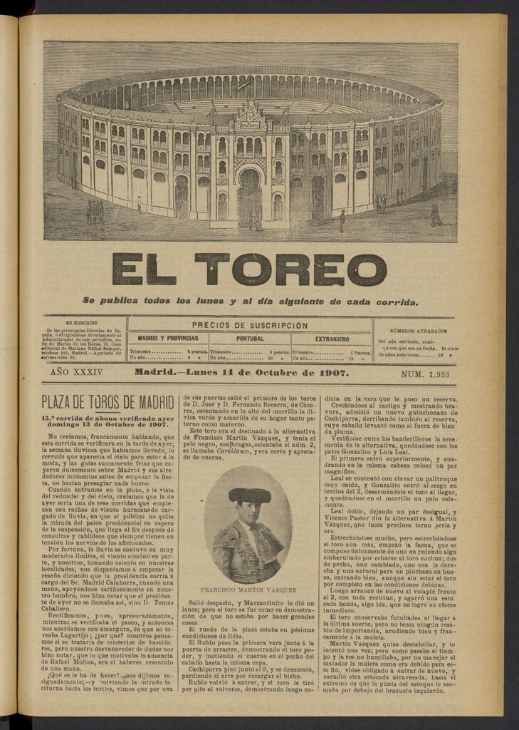Miniatura de El Toreo: suplemento a "La Correspondencia Teatral" del 14 de octubre de 1907, nº 1933
