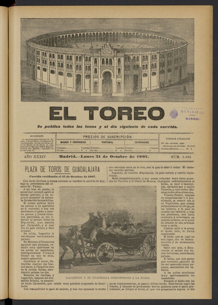 Miniatura de El Toreo: suplemento a "La Correspondencia Teatral" del 21 de octubre de 1907, nº 1934
