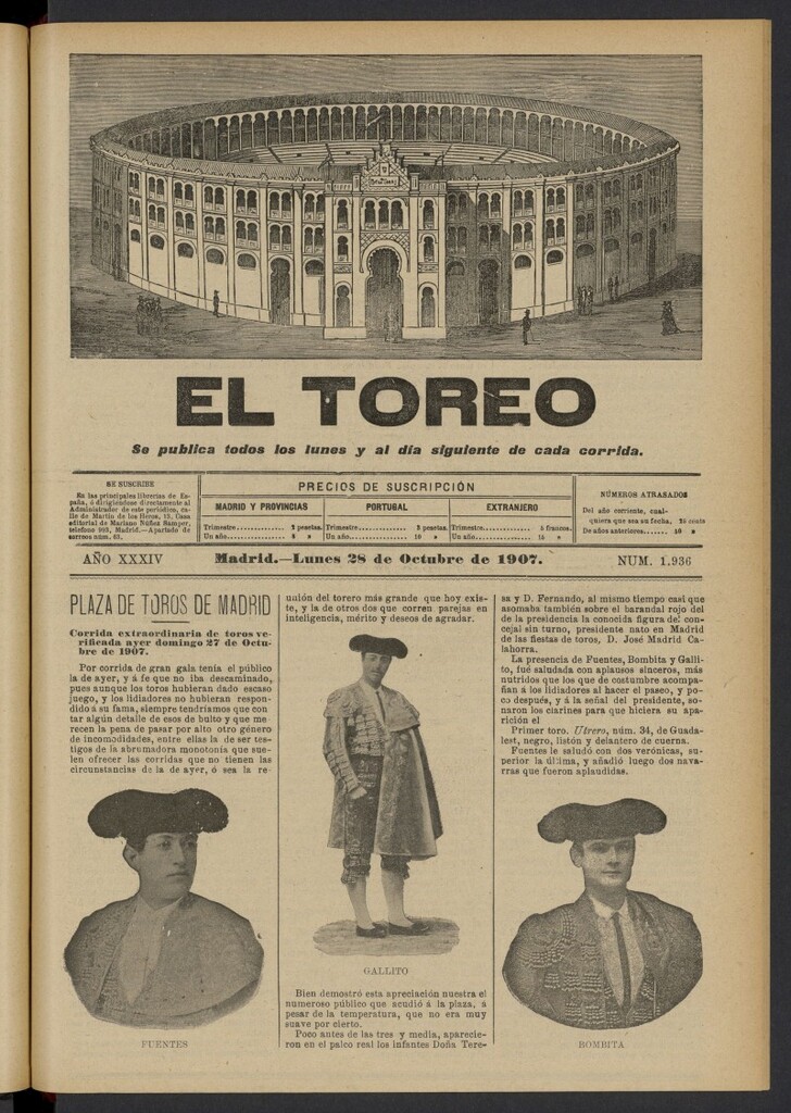 Miniatura de El Toreo: suplemento a "La Correspondencia Teatral" del 28 de octubre de 1907, nº 1936