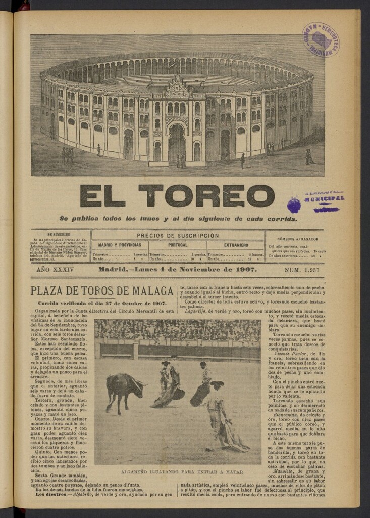 Miniatura de El Toreo: suplemento a "La Correspondencia Teatral" del 4 de noviembre de 1907, nº 1937