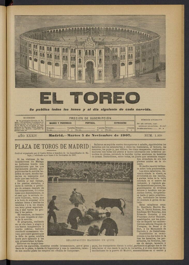 Miniatura de El Toreo: suplemento a "La Correspondencia Teatral" del 5 de noviembre de 1907, nº 1938