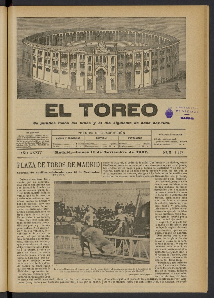 Miniatura de El Toreo: suplemento a "La Correspondencia Teatral" del 11 de noviembre de 1907, nº 1939