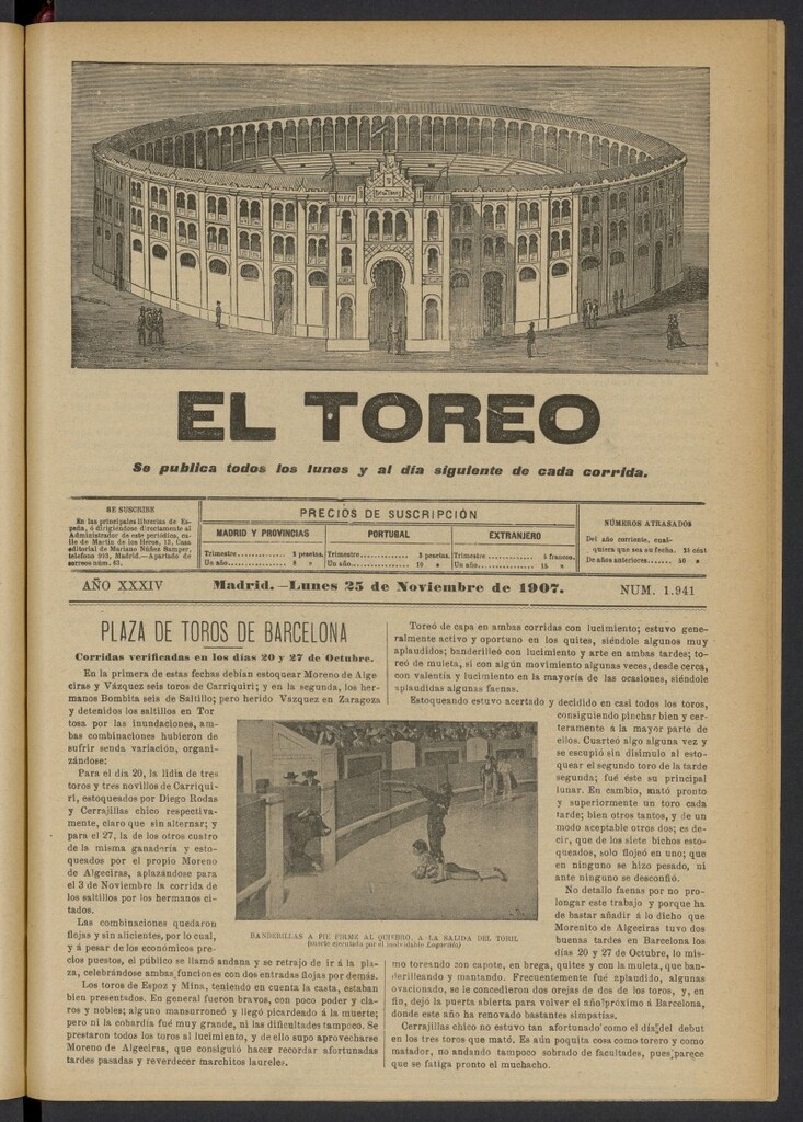Miniatura de El Toreo: suplemento a "La Correspondencia Teatral" del 25 de noviembre de 1907, nº 1941