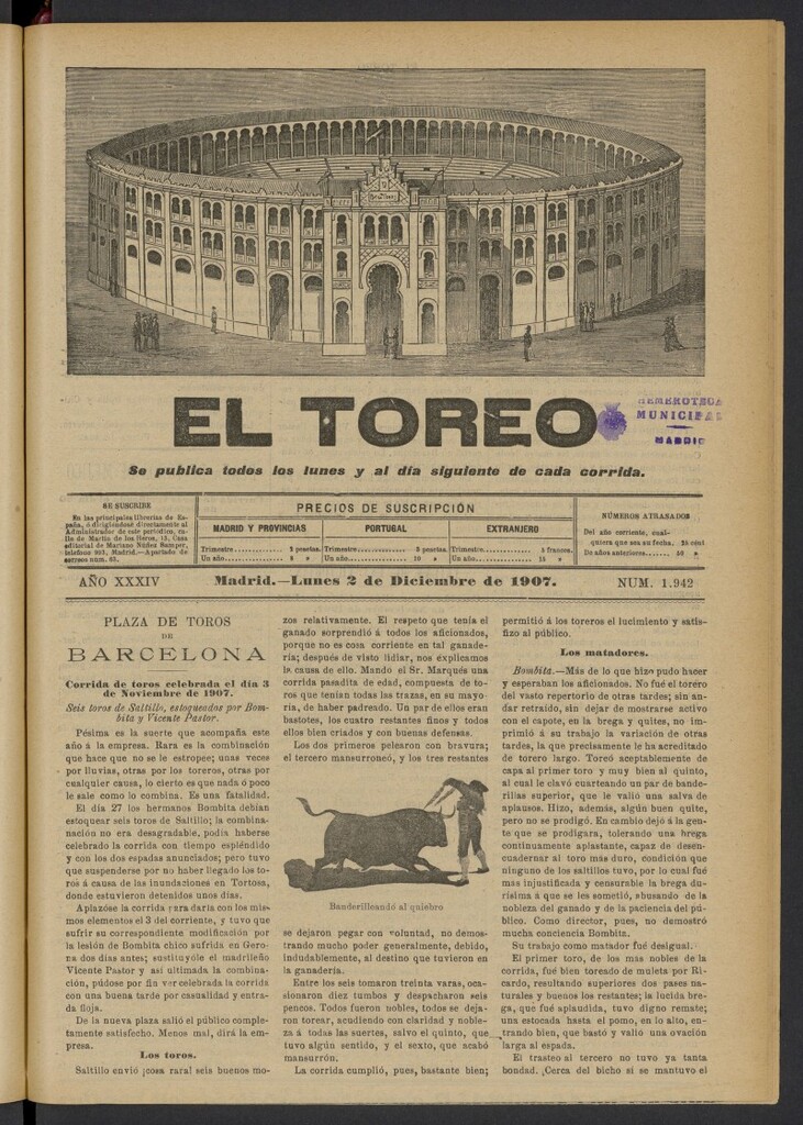 Miniatura de El Toreo: suplemento a "La Correspondencia Teatral" del 2 de diciembre de 1907, nº 1942