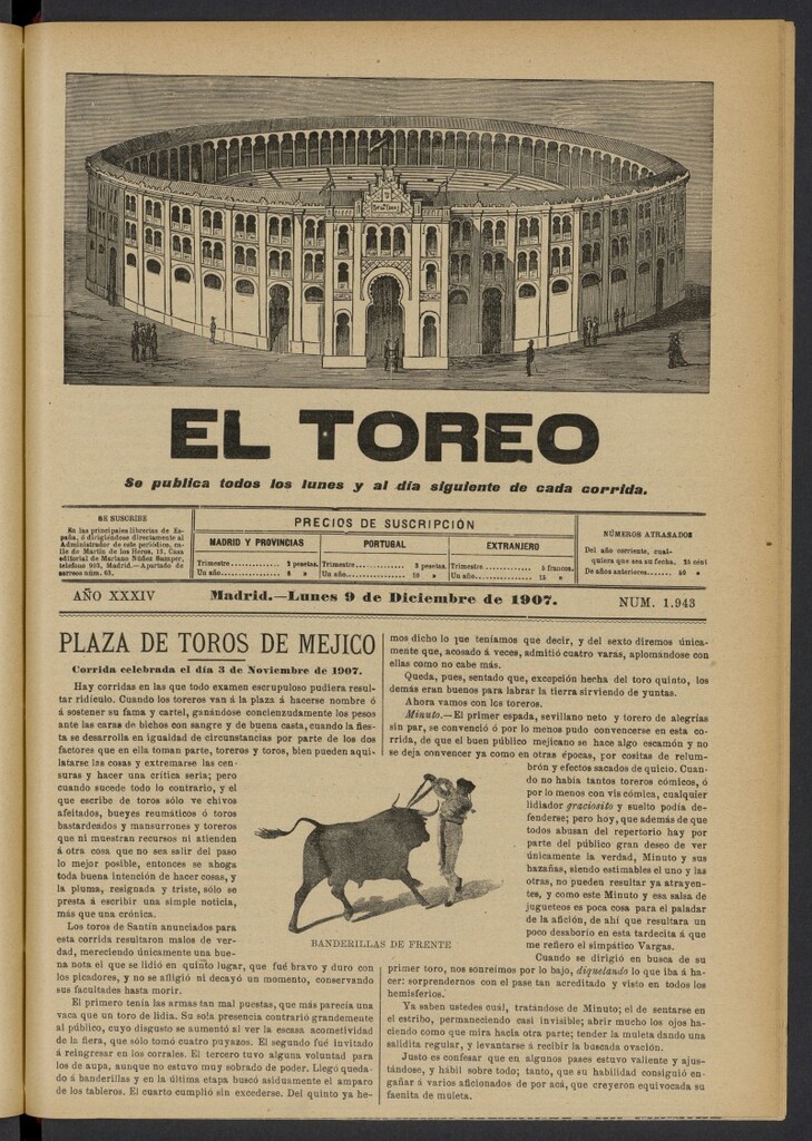 Miniatura de El Toreo: suplemento a "La Correspondencia Teatral" del 9 de diciembre de 1907, nº 1943