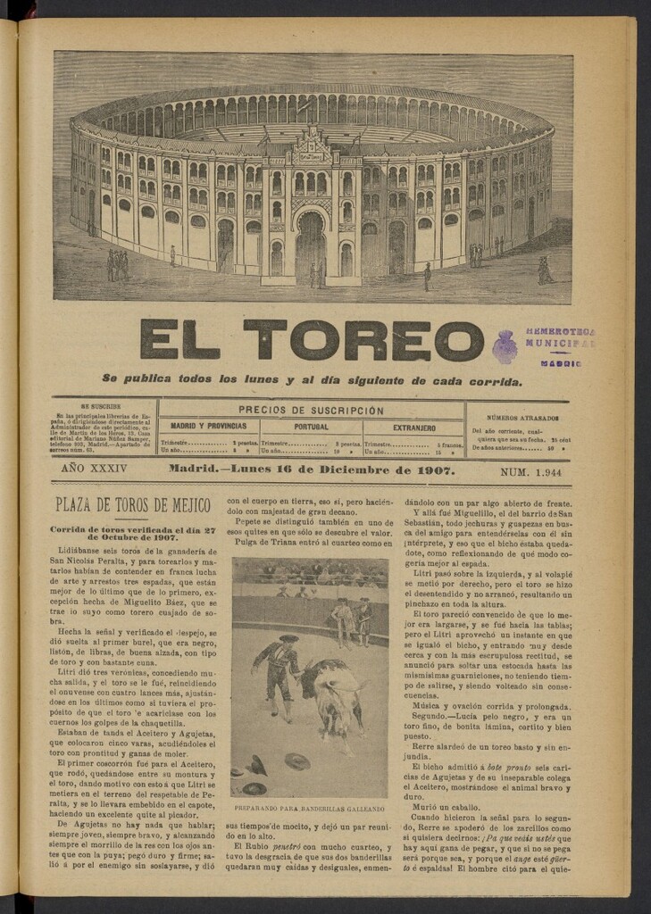 Miniatura de El Toreo: suplemento a "La Correspondencia Teatral" del 16 de diciembre de 1907, nº 1944