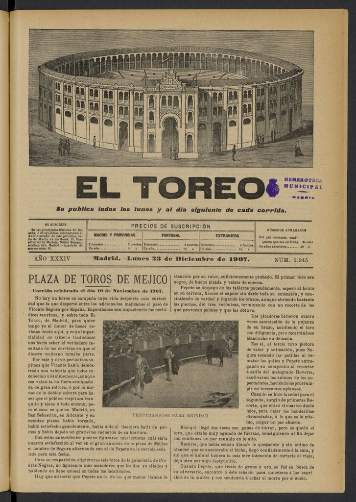 Miniatura de El Toreo: suplemento a "La Correspondencia Teatral" del 23 de diciembre de 1907, nº 1945