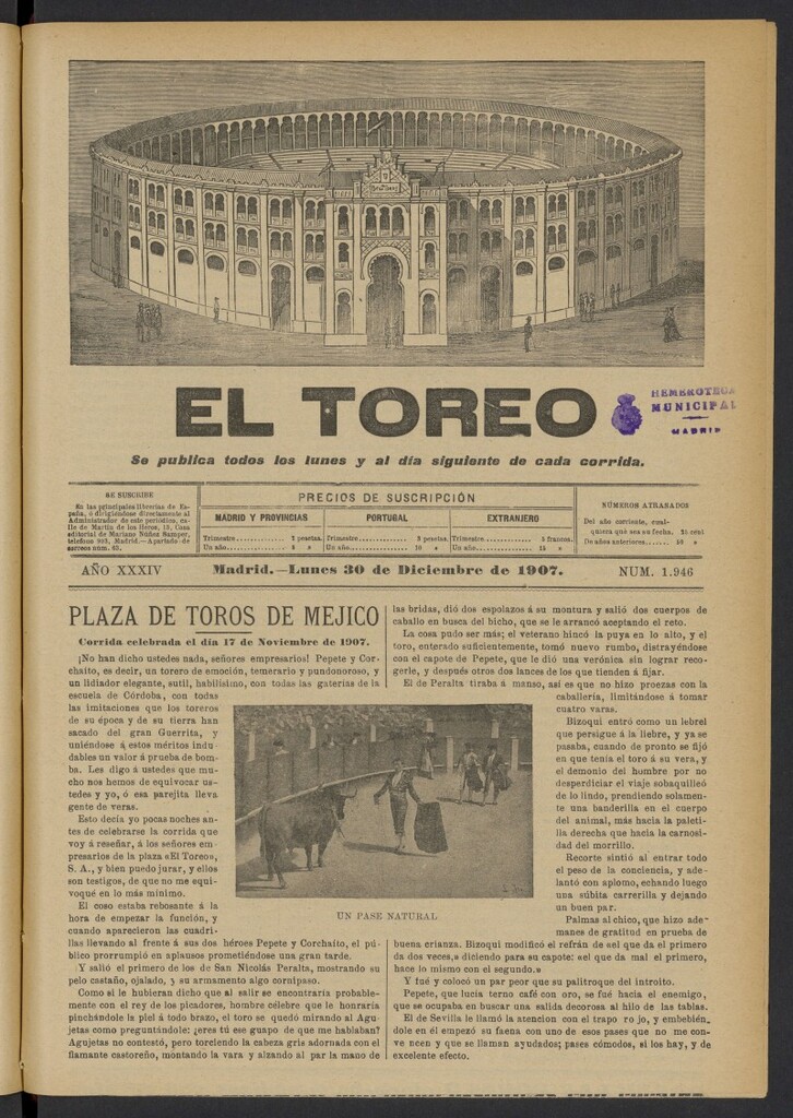 Miniatura de El Toreo: suplemento a "La Correspondencia Teatral" del 30 de diciembre de 1907, nº 1946
