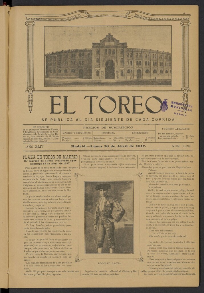 Miniatura de El Toreo: suplemento a "La Correspondencia Teatral" del 16 de abril de 1917, nº 2596