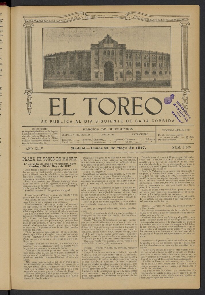 Miniatura de El Toreo: suplemento a "La Correspondencia Teatral" del 21 de mayo de 1917, nº 2603