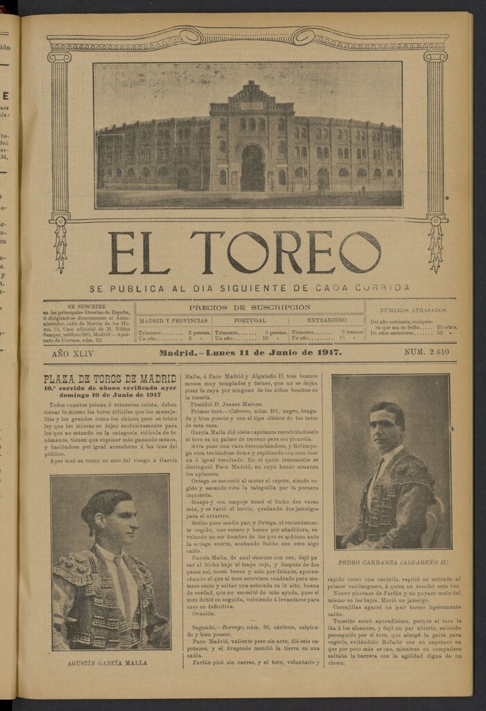 Miniatura de El Toreo: suplemento a "La Correspondencia Teatral" del 11 de junio de 1917, nº 2610