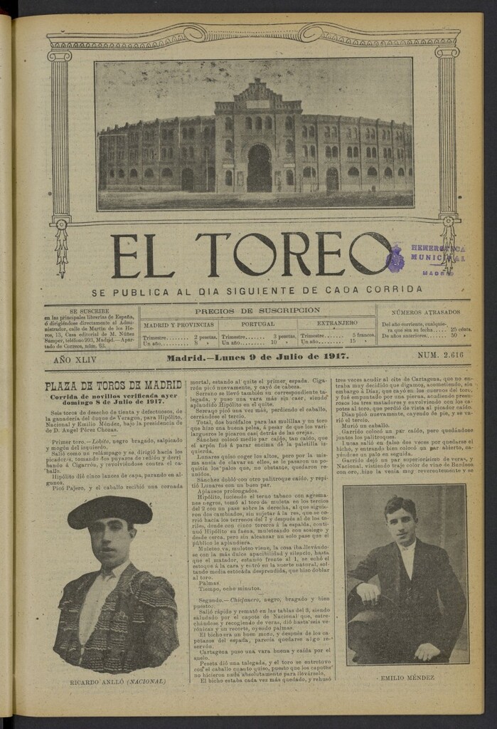 Miniatura de El Toreo: suplemento a "La Correspondencia Teatral" del 9 de julio de 1917, nº 2616