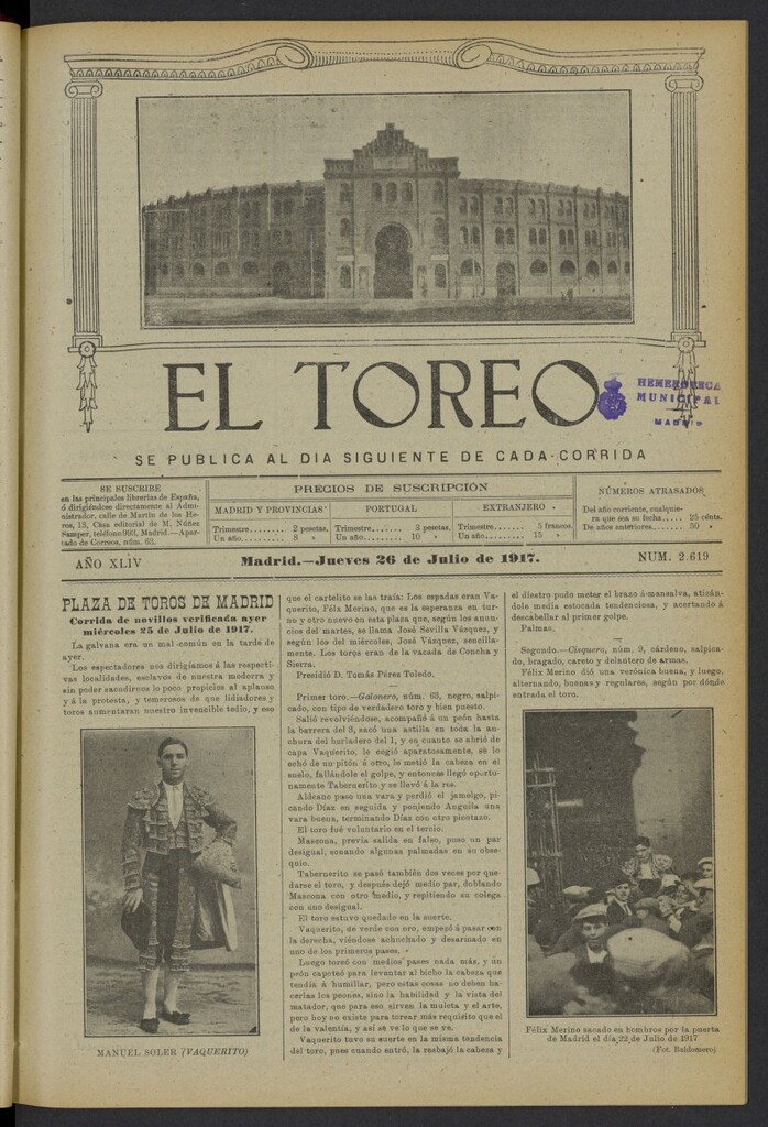 Miniatura de El Toreo: suplemento a "La Correspondencia Teatral" del 26 de julio de 1917, nº 2619