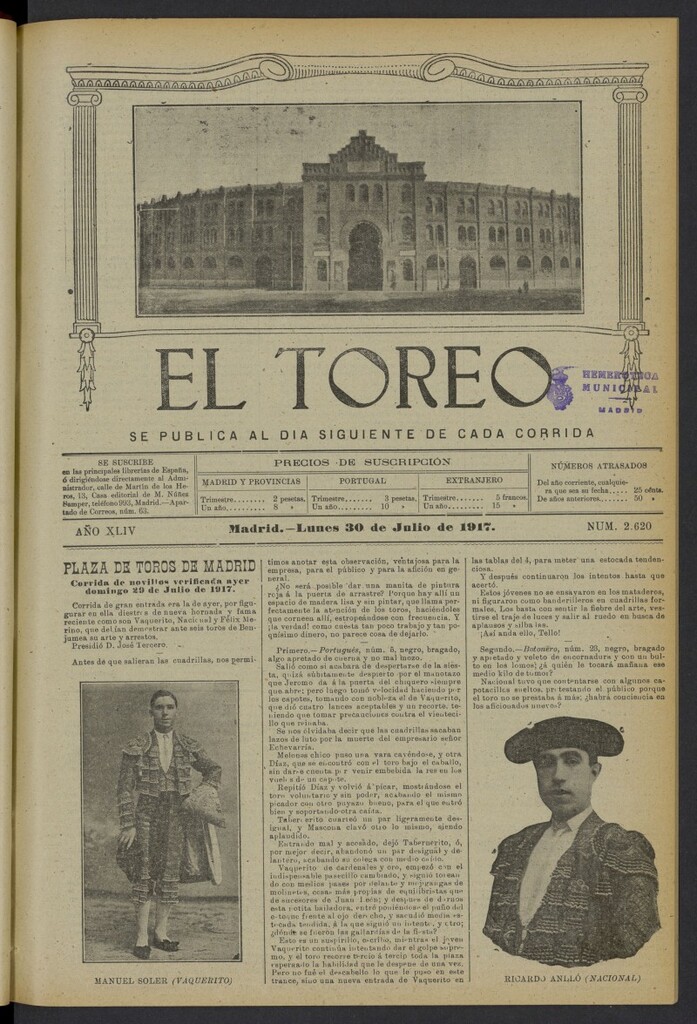 Miniatura de El Toreo: suplemento a "La Correspondencia Teatral" del 30 de julio de 1917, nº 2620