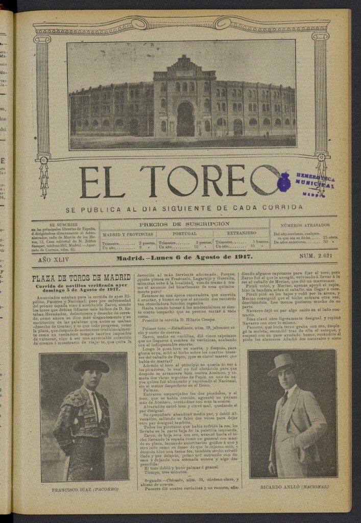 Miniatura de El Toreo: suplemento a "La Correspondencia Teatral" del 6 de agosto de 1917, nº 2621
