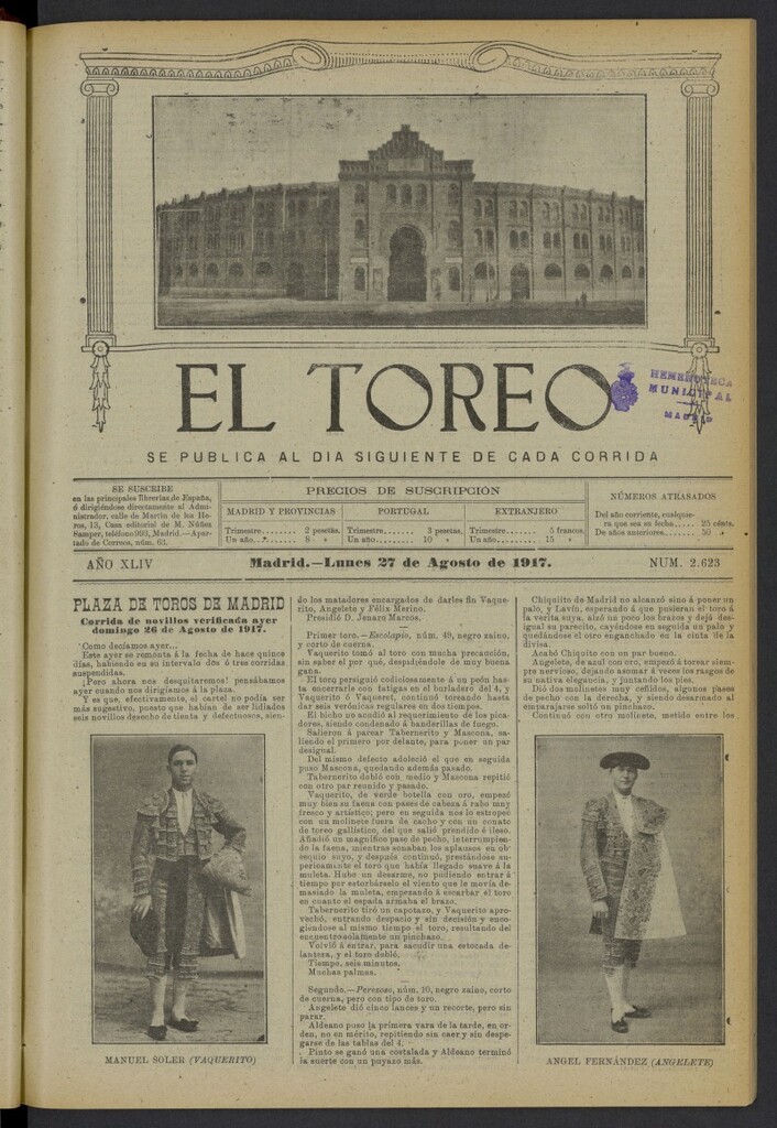 Miniatura de El Toreo: suplemento a "La Correspondencia Teatral" del 27 de agosto de 1917, nº 2623