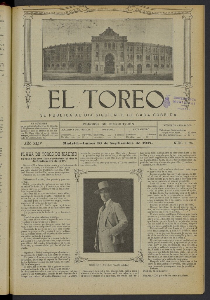 Miniatura de El Toreo: suplemento a "La Correspondencia Teatral" del 10 de septiembre de 1917, nº 2625