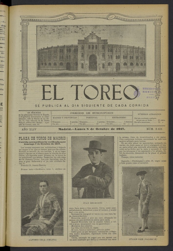 Miniatura de El Toreo: suplemento a "La Correspondencia Teatral" del 8 de octubre de 1917, nº 2631