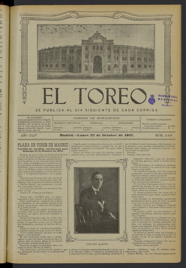 Miniatura de El Toreo: suplemento a "La Correspondencia Teatral" del 22 de octubre de 1917, nº 2633