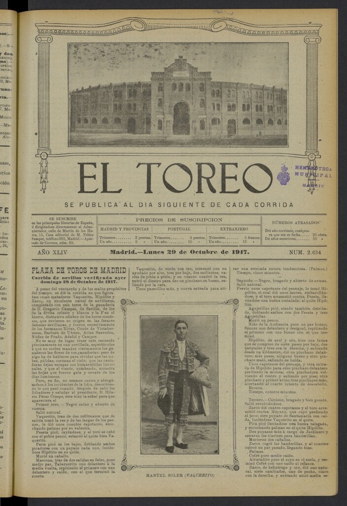 Miniatura de El Toreo: suplemento a "La Correspondencia Teatral" del 29 de octubre de 1917, nº 2634