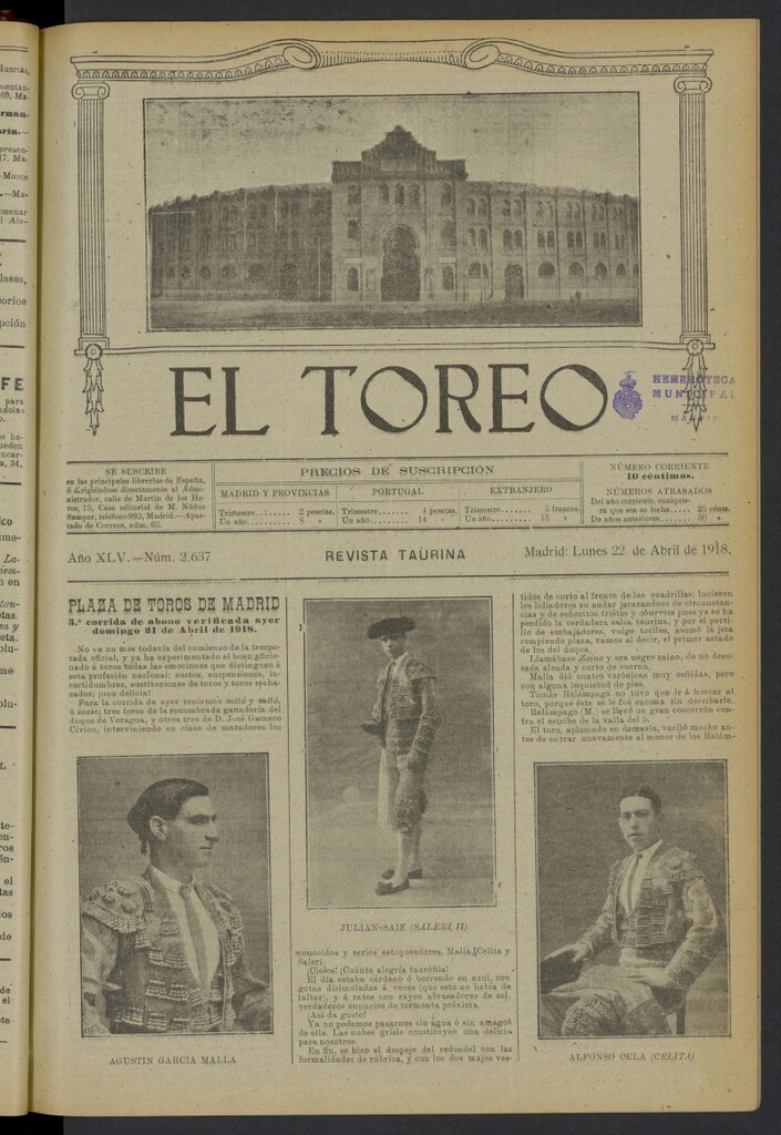 Miniatura de El Toreo: suplemento a "La Correspondencia Teatral" del 22 de abril de 1918, nº 2637
