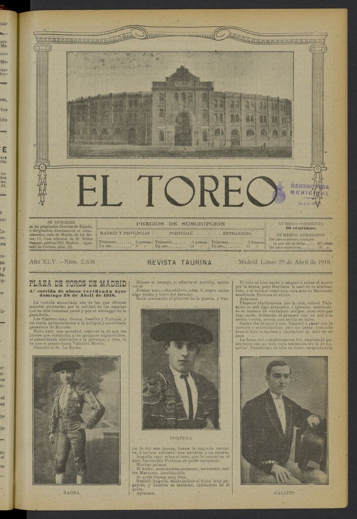 Miniatura de El Toreo: suplemento a "La Correspondencia Teatral" del 29 de abril de 1918, nº 2638